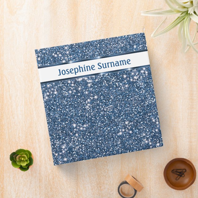 Faux Blue Glitter Texture Look With Custom Name 3 Ring Binder (In Situ)