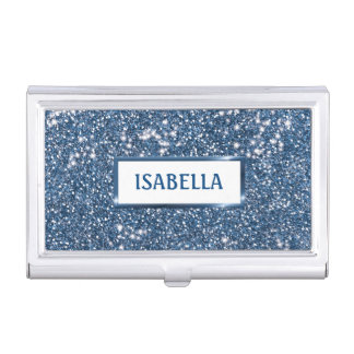 Faux Blue Glitter Texture Look With Custom Name Business Card Case