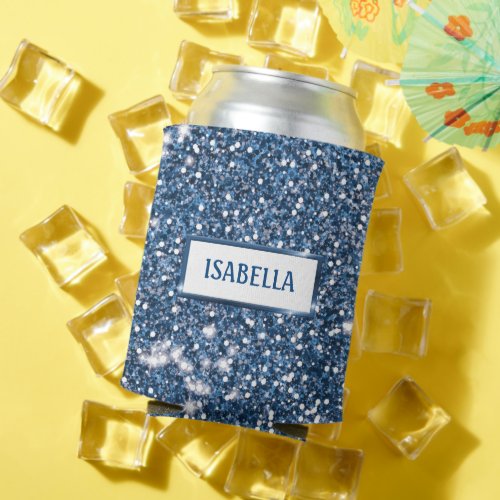 Faux Blue Glitter Texture Look With Custom Name Can Cooler