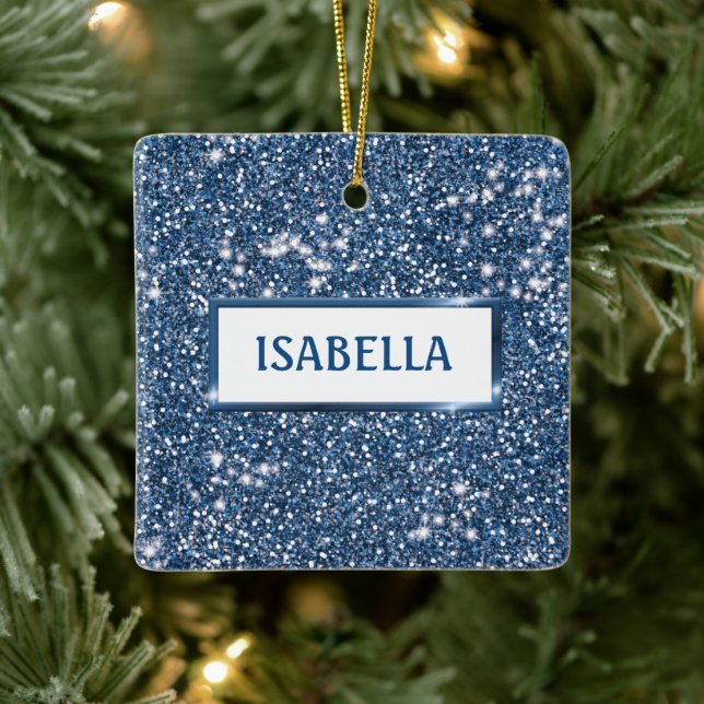 Faux Blue Glitter Texture Look With Custom Name Ceramic Ornament (Tree)
