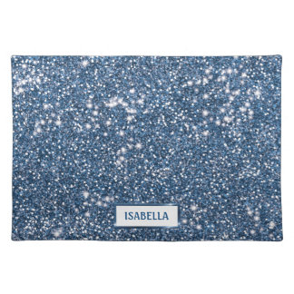 Faux Blue Glitter Texture Look With Custom Name Cloth Placemat