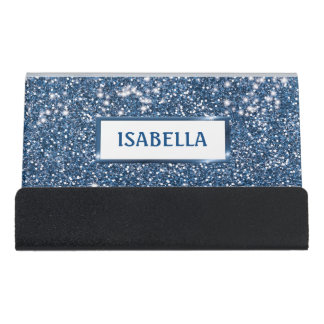 Faux Blue Glitter Texture Look With Custom Name Desk Business Card Holder