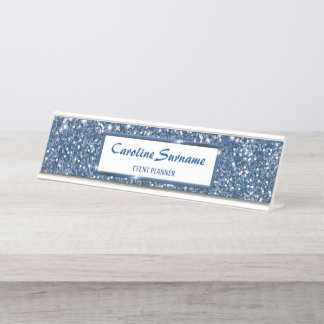 Faux Blue Glitter Texture Look With Custom Name Desk Name Plate