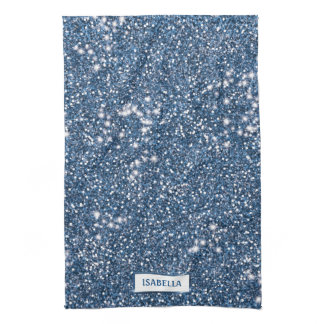 Faux Blue Glitter Texture Look With Custom Name Kitchen Towel