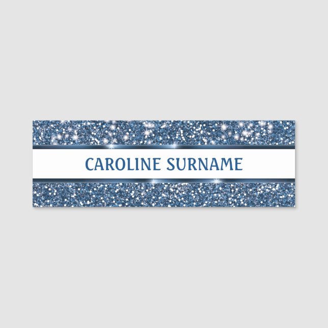 Faux Blue Glitter Texture Look With Custom Name - Name Tag (Front)