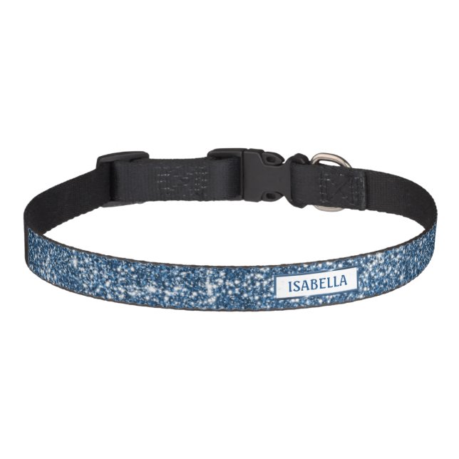 Faux Blue Glitter Texture Look With Custom Name Pet Collar (Front)