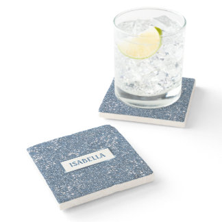 Faux Blue Glitter Texture Look With Custom Name Stone Coaster