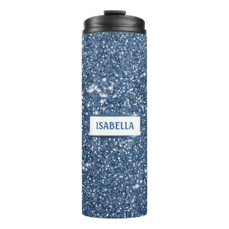Faux Blue Glitter Texture Look With Custom Name Thermal Tumbler