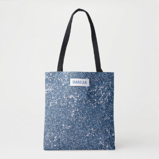 Faux Blue Glitter Texture Look With Custom Name Tote Bag