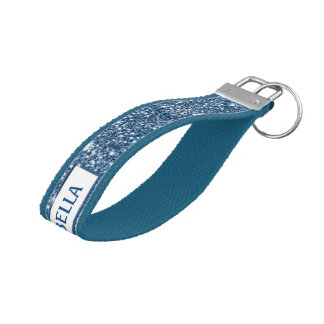 Faux Blue Glitter Texture Look With Custom Name Wrist Keychain