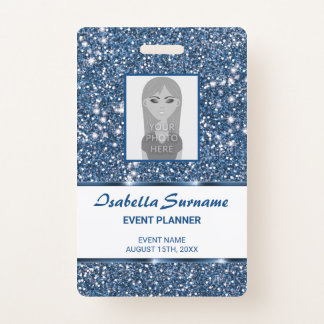 Faux Blue Glitter Texture Look With Custom Text Badge