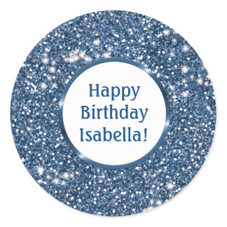 Faux Blue Glitter Texture Look With Custom Text Classic Round Sticker