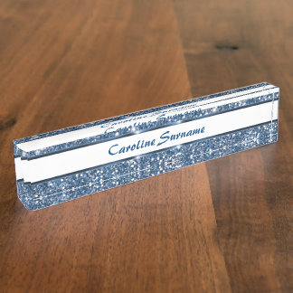 Faux Blue Glitter Texture Look With Custom Text Desk Name Plate