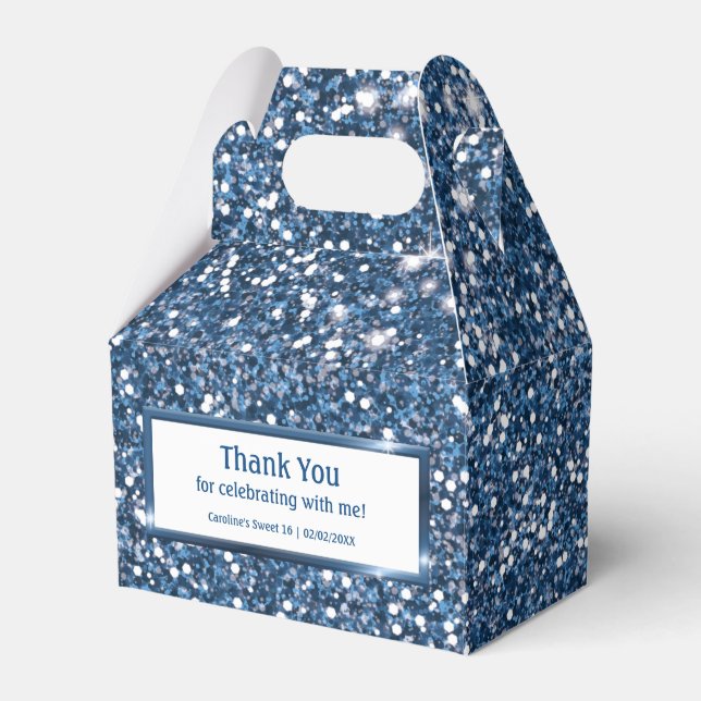Faux Blue Glitter Texture Look With Custom Text Favor Boxes (Front Side)