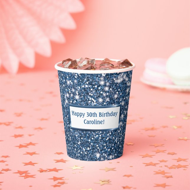Faux Blue Glitter Texture Look With Custom Text Paper Cups (Insitu)