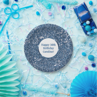 Faux Blue Glitter Texture Look With Custom Text Paper Plates