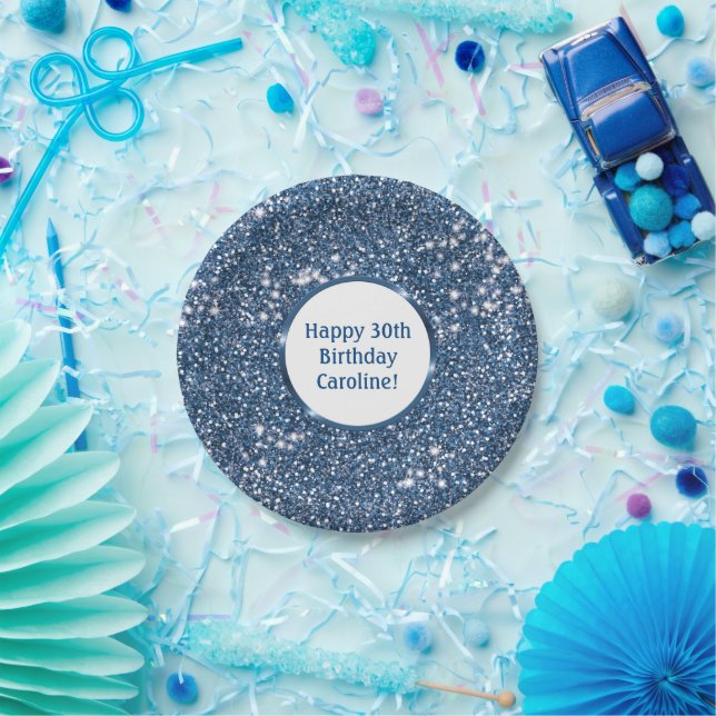 Faux Blue Glitter Texture Look With Custom Text Paper Plates (Party)