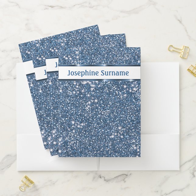 Faux Blue Glitter Texture Look With Custom Text Pocket Folder (In Situ)