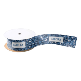 Faux Blue Glitter Texture Look With Custom Text Satin Ribbon