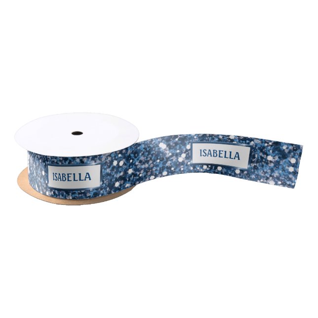 Faux Blue Glitter Texture Look With Custom Text Satin Ribbon (Spool)
