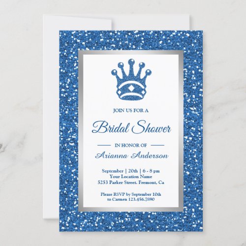 Faux Blue Glitter Tiara Princess Bridal Shower Invitation