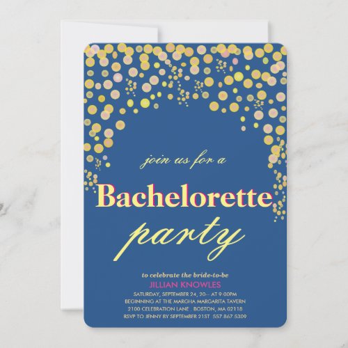 Faux Blue Gold Confetti Bachelorette Party 2 Invitation