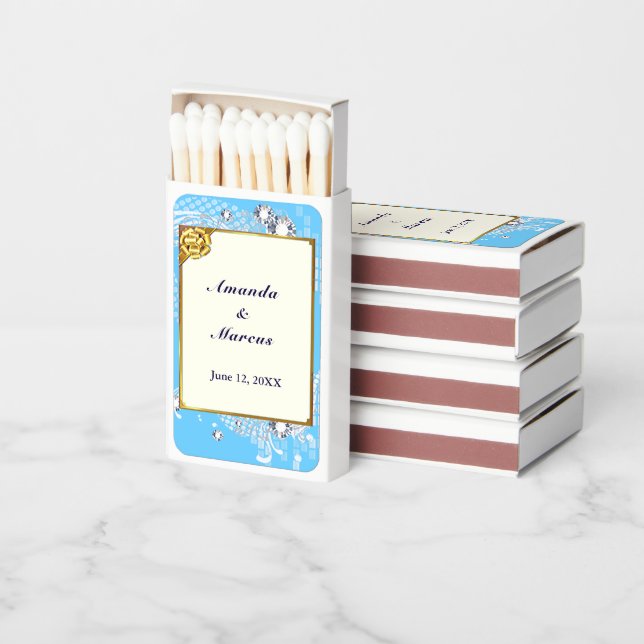 Faux Blue & Gold Frame Diamonds Wedding Reception Matchboxes (Stacked)