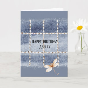 Faux Blue Jeans Coffee Cream Dragonfly Birthday Card