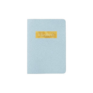 Faux Blue Leather Texture With Gold Foil Banner Passport Holder