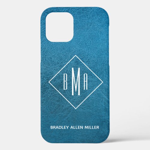Faux Blue Leather White Monogram Personalized iPhone 12 Case