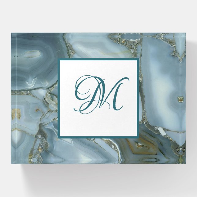 Faux Blue Marble Monogrammed Paperweight (Front)