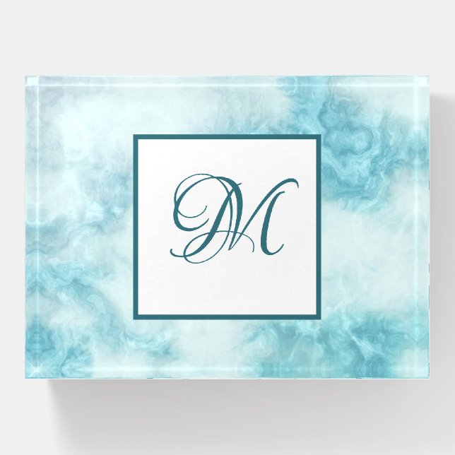 Faux Blue Marble Monogrammed Paperweight (Front)