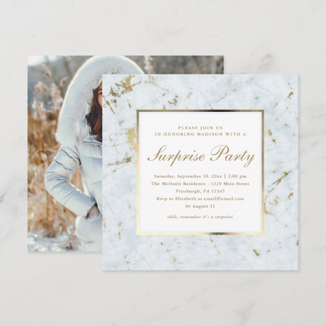 Faux Blue Marble with Photo Surprise Party Invitation (Front/Back)