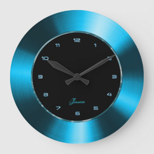 Faux Blue  Metallic Design Stainless Steel Look Large Clock