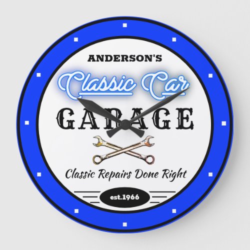 Faux Blue Neon Classic Car Garage Any Name   Large Clock