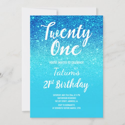 Faux blue ocean teal glitter ombre 21st Birthday Invitation