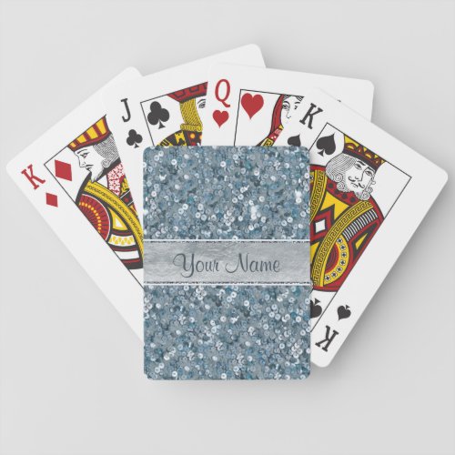 Faux Blue Sequins Silver Foil Personalized Playing Cards