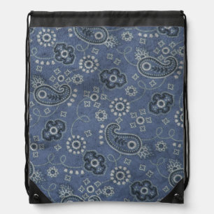 Faux Blue Suede and Western Blue Paisley  Drawstring Bag