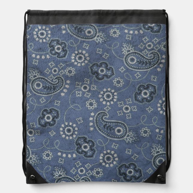 Faux Blue Suede and Western Blue Paisley  Drawstring Bag (Front)