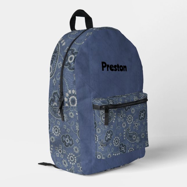 Faux Blue Suede and Western Blue Paisley  Printed Backpack (Back Corner Left)