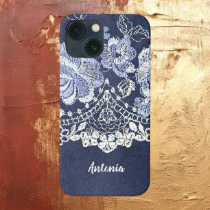 Faux Blue Velvet and Simulated Lace Embroidery iPhone 13 Mini Case