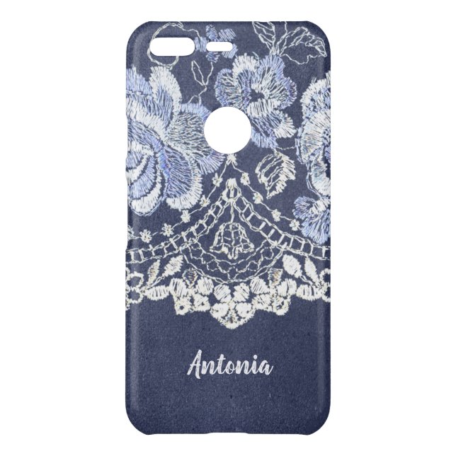 Faux Blue Velvet and Simulated Lace Embroidery Uncommon Google Pixel Case (Back)