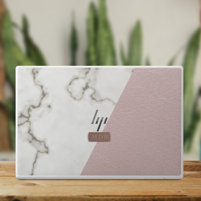 Faux Blush Leather Marble Rose Gold Monogram HP Laptop Skin (Just add your initials to this blush pink leather look/ white marble laptop skin)
