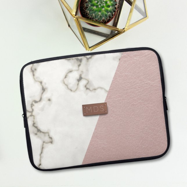 Faux Blush Pink Leather Marble Laptop Sleeve (Add your initials to this cute pink and white modern laptop sleeve)