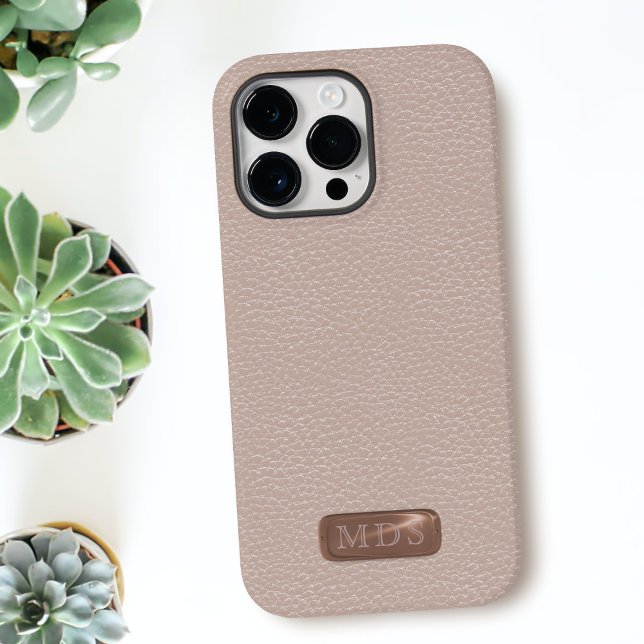 Faux Blush Pink Rose Gold Classic Monogram Case-Mate iPhone Case (A pretty blush pink faux leather look phone case with a faux rose gold plate for your initials)