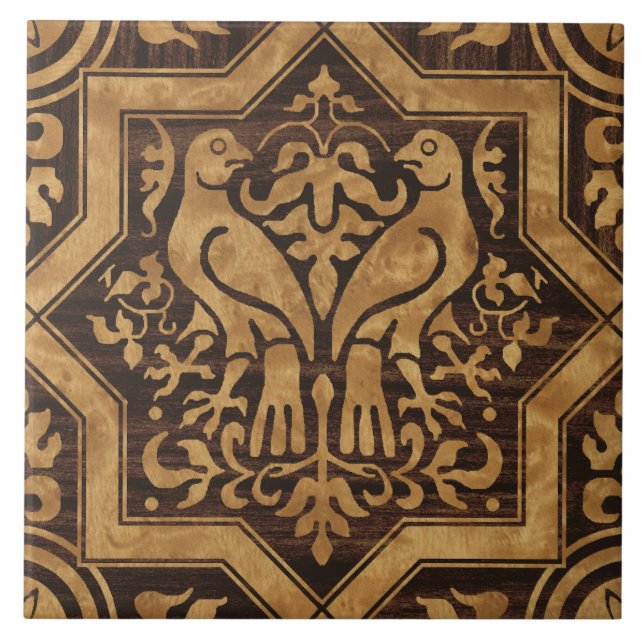 Faux Bois Medieval Birds Ceramic Tile (Front)