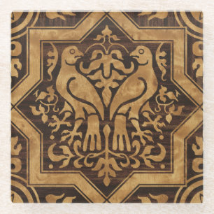 Faux Bois Medieval Birds Glass Coaster