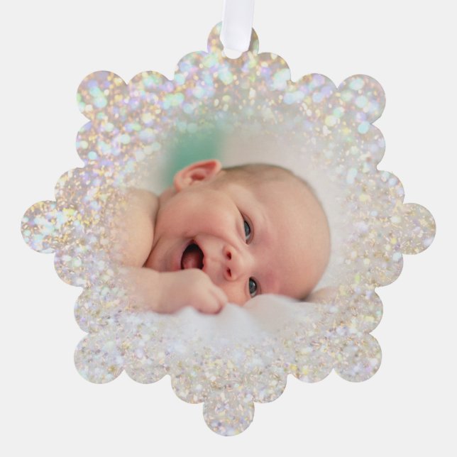 faux bokeh glitter baby photo ornament card (Front)