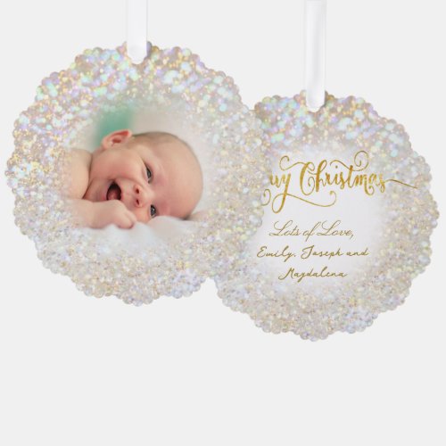 faux bokeh glitter effect baby photo ornament card