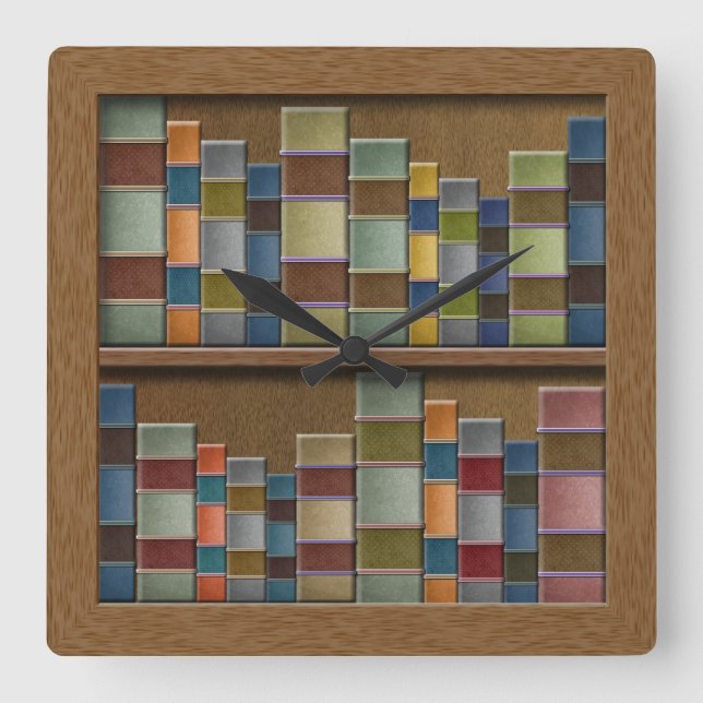Faux Book Shelf Book Spines Library Square Wall Clock (Front)